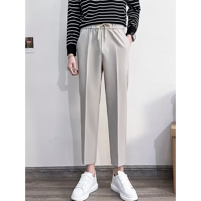 Urtishia-Elastic Waist Plain Crop Straight Leg Pants