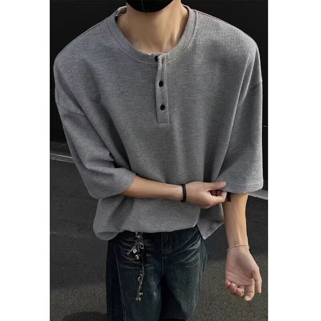 Urtishia-Elbow-Sleeve Henley Plain T-Shirt