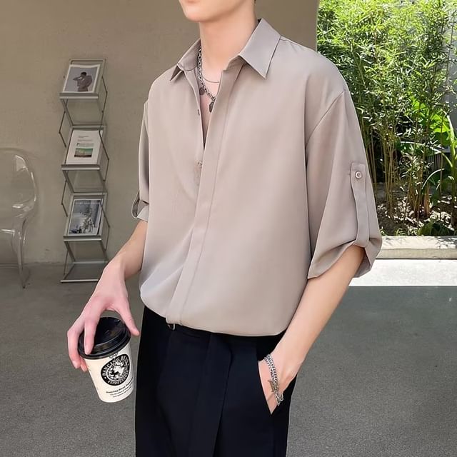 Urtishia-Elbow-Sleeve Plain Shirt