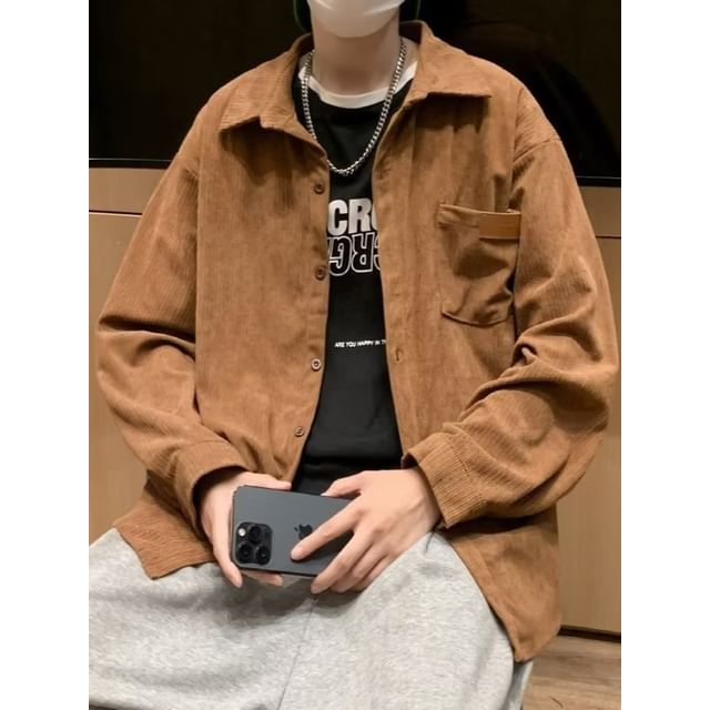 Urtishia-Long-Sleeve Collared Plain Button Up Shirt