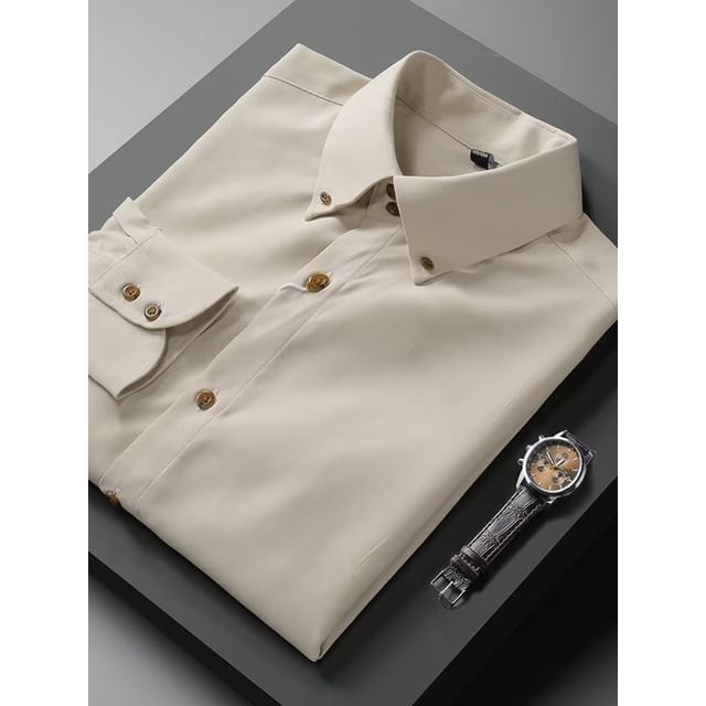 Urtishia-Long Sleeve Collared Plain Shirt