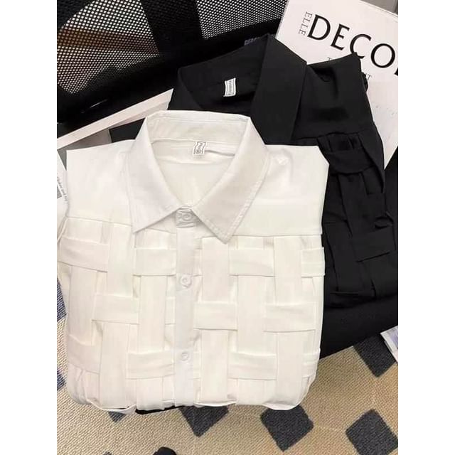 Urtishia-Long Sleeve Collared Plain Woven Shirt