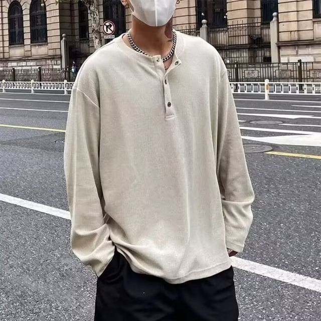 Urtishia-Long-Sleeve Henley Plain T-Shirt