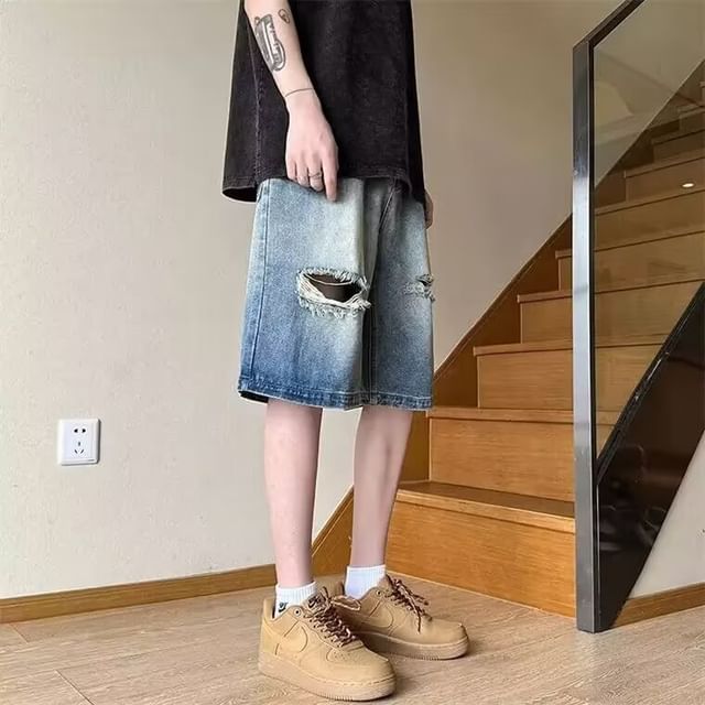 Urtishia-Mid Rise Distressed Washed Denim Shorts