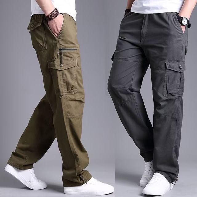Urtishia-Mid Rise Plain Panel Straight Leg Cargo Pants