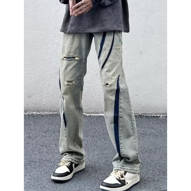 Urtishia-Mid Rise Washed Distressed Straight Leg Jeans