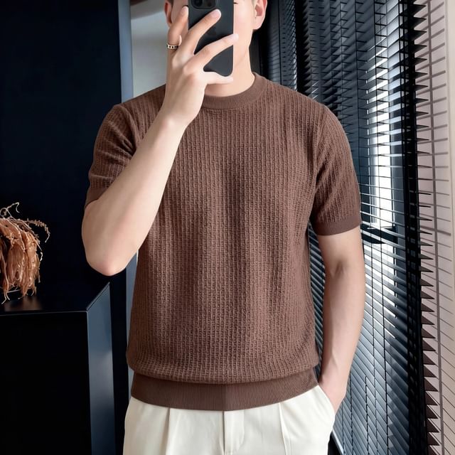Urtishia-Short Sleeve Crew Neck Plain Knit Top