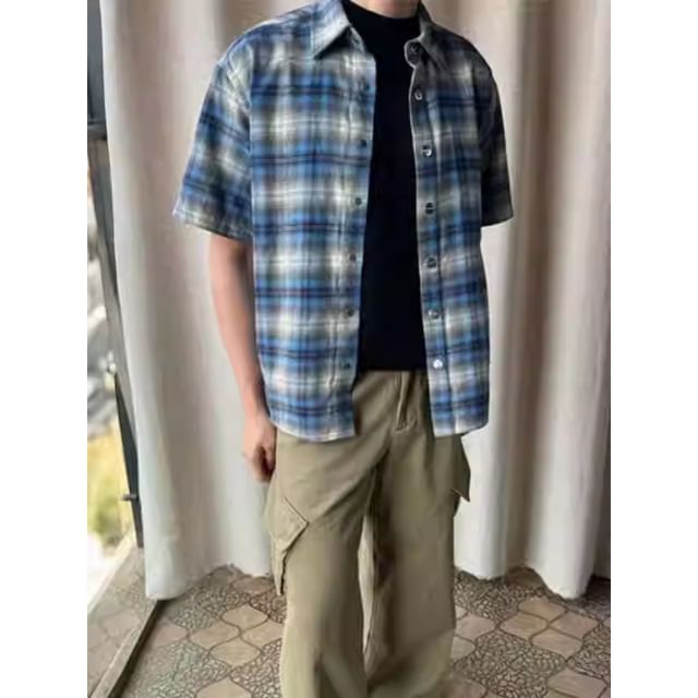 Urtishia-Short-Sleeve Plaid Shirt