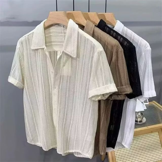 Urtishia-Short-Sleeve Plain Pointelle Shirt
