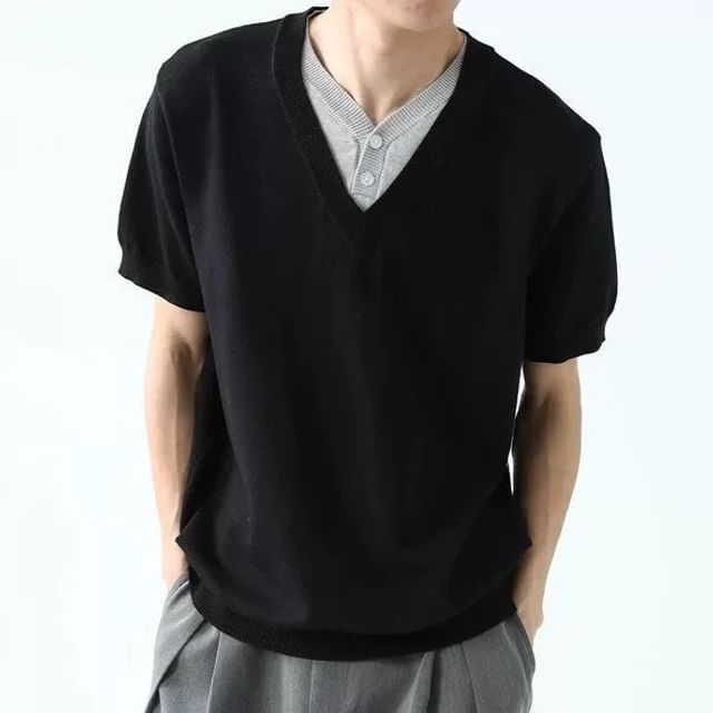 Urtishia-Short Sleeve V-Neck Mock Two Piece Button Knit Top