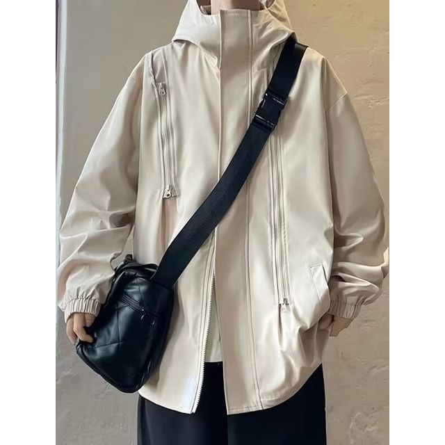Urtishia-Stand Collar Plain Hood Zip Jacket