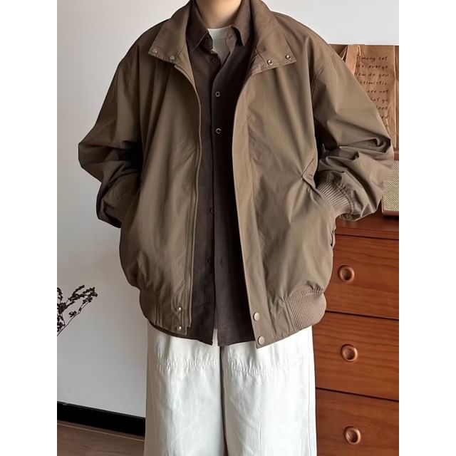 Urtishia-Stand Collar Plain Oversized Zip Bomber Jacket