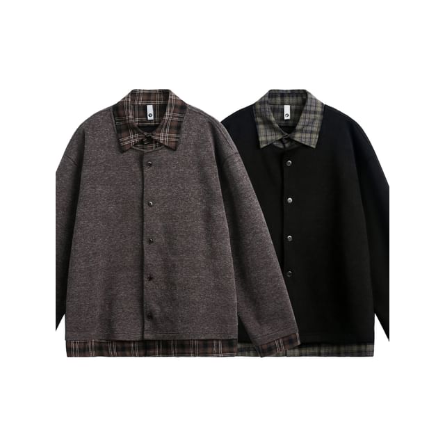 VEAZ-Collar Plain Plaid Panel Mock Two-Piece Single-Breasted Jacket