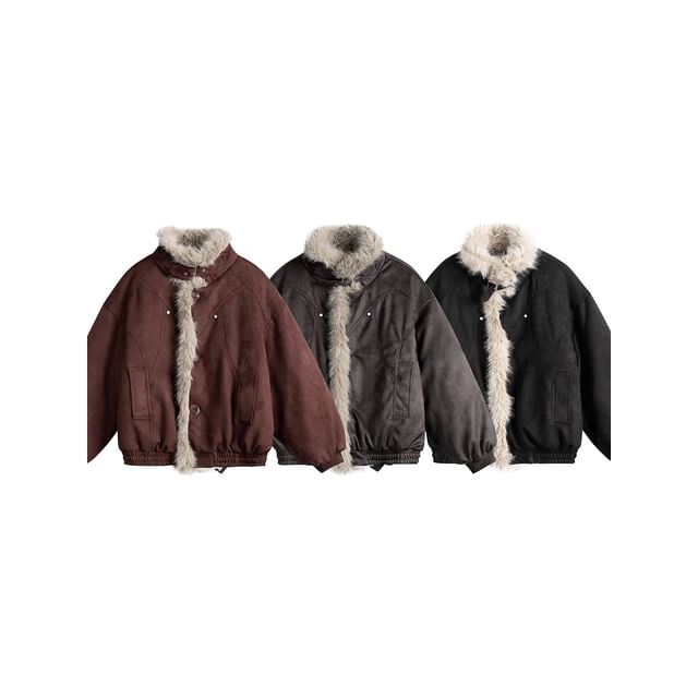 VEAZ-Collared Quilt-Lined Faux Fur Panel Faux Suede Button Jacket