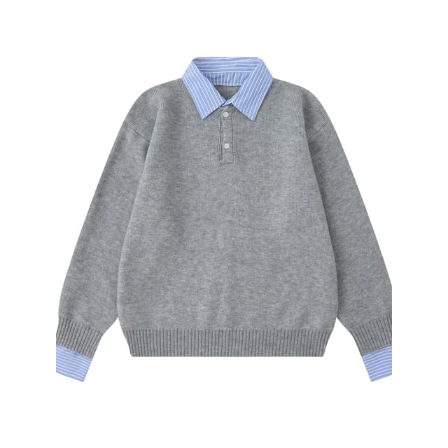 VEAZ-Collared Striped Mock Two Piece Button Sweater