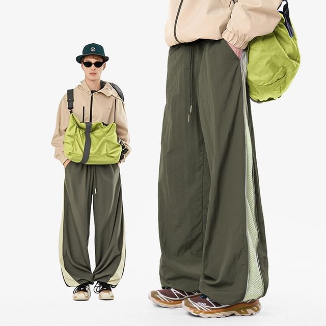 VEAZ-Drawstring Waist Panel Mesh Wide Leg Pants