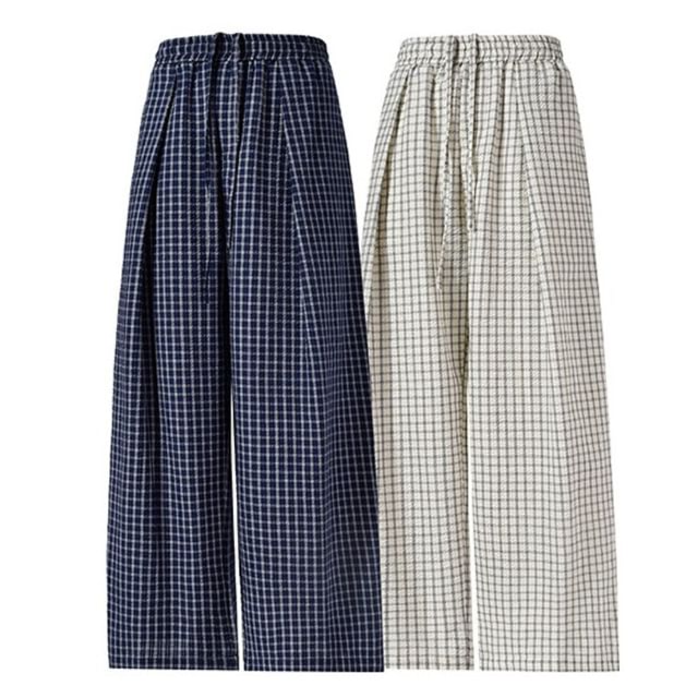 VEAZ-Drawstring Waist Plaid Wide Leg Pants