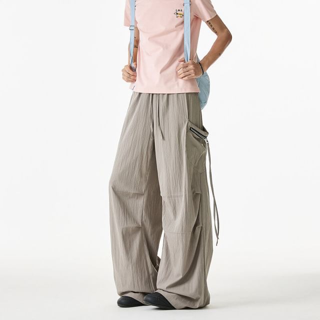 VEAZ-Drawstring Waist Plain Wide Leg Cargo Pants