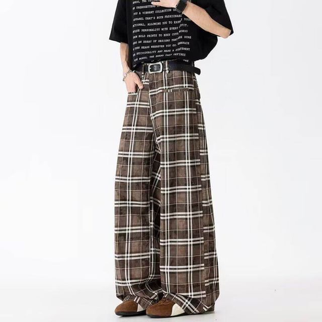 VEAZ-Mid Rise Plaid Wide Leg Pants