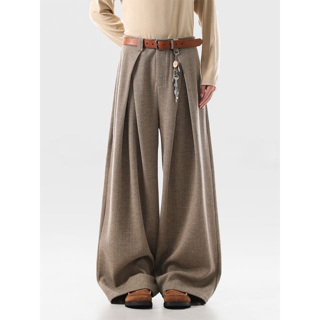 VEAZ-Mid Rise Plain Pleated Wide Leg Pants