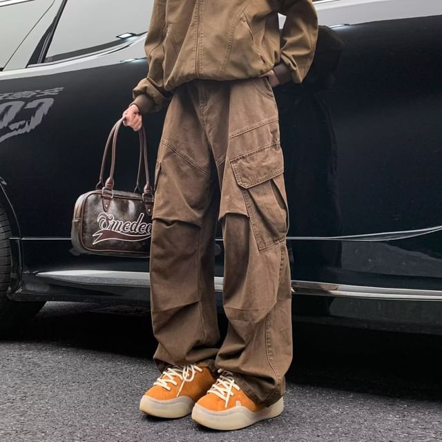 VEAZ-Mid Rise Plain Straight Leg Cargo Pants