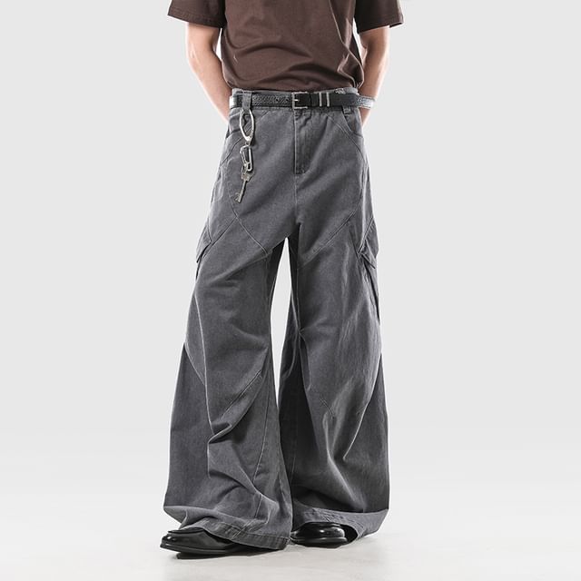 VEAZ-Mid Rise Plain Washed Wide Leg Cargo Pants