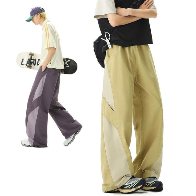 VEAZ-Mid Rise Two Tone Panel Straight Leg Pants