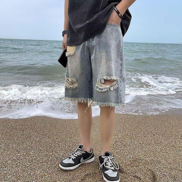 VEAZ-Mid Rise Washed Distressed Denim Shorts