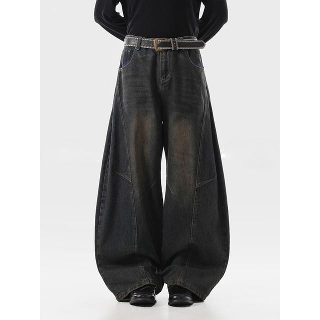 VEAZ-Mid Rise Washed Panel Barrel Leg Jeans