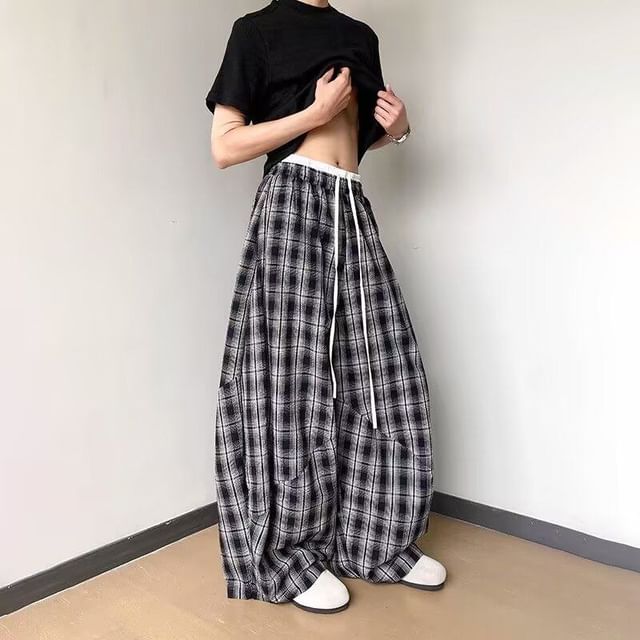 VEAZ-Mock Two-Piece Drawstring Waist Plaid Wide Leg Pants