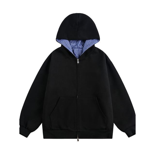 VEAZ-Plain Plaid Panel Zip Hoodie