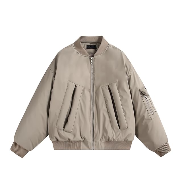 VEAZ-Plain Quilt-Lined Faux Leather Zip Bomber Jacket