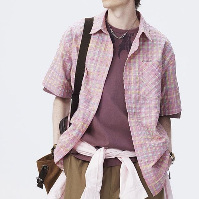 VEAZ-Short-Sleeve Collared Plaid Asymmetrical Button Up Shirt