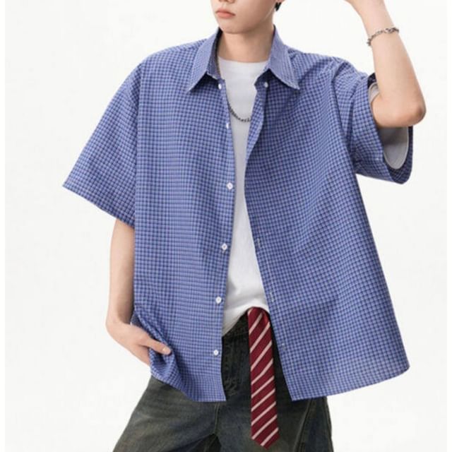 VEAZ-Short Sleeve Collared Plaid Shirt
