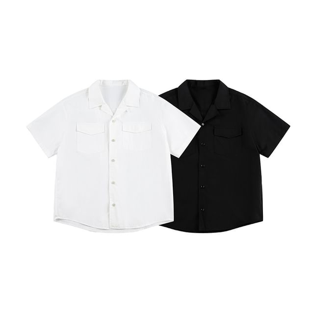VEAZ-Short-Sleeve Lapel Collar Plain Button Up Shirt