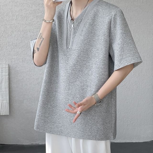 VEAZ-Short Sleeve V-Neck Plain Half Zip Panel T-Shirt