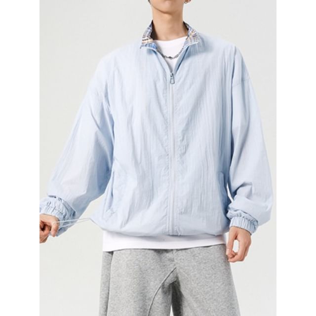VEAZ-Stand Collar Plaid Lining Zip Jacket