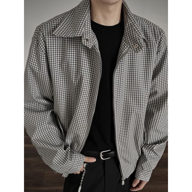 Vernanah-Collared Plaid Zip Jacket