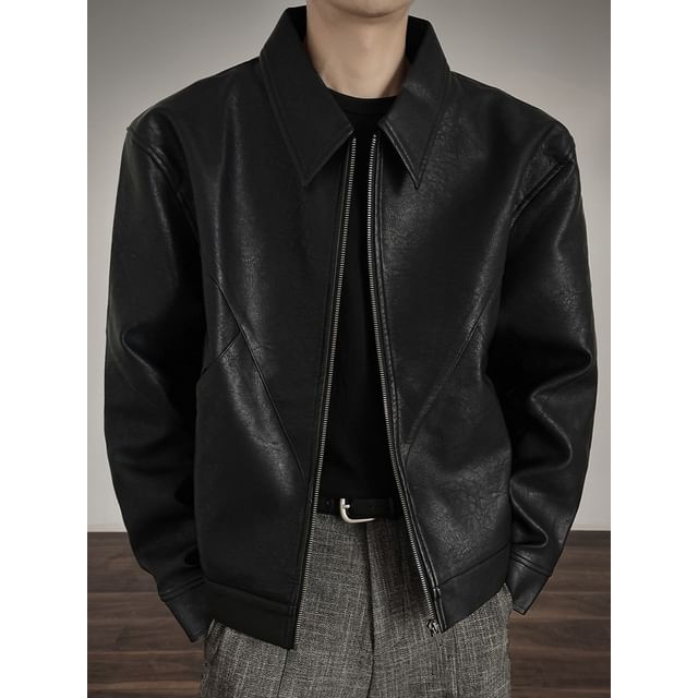 Vernanah-Collared Plain Faux Leather Zip Jacket