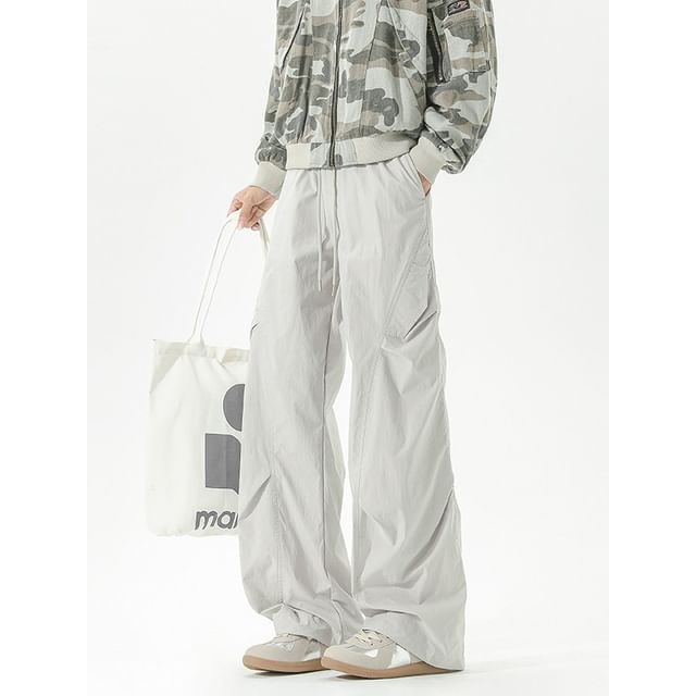 Vernanah-Drawstring Waist Plain Straight Leg Parachute Pants
