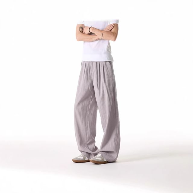 Vernanah-Drawstring Waist Plain Wide Leg Pants