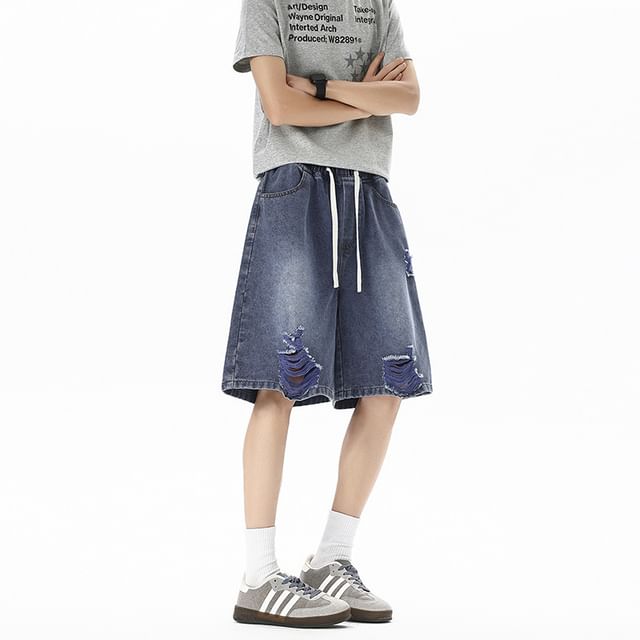 Vernanah-Drawstring Waist Washed Distressed Jorts