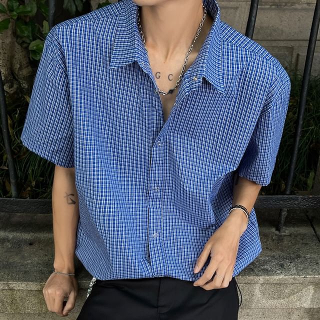 Vernanah-Elbow-Sleeve Plaid Drawstring Hem Button-Up Shirt