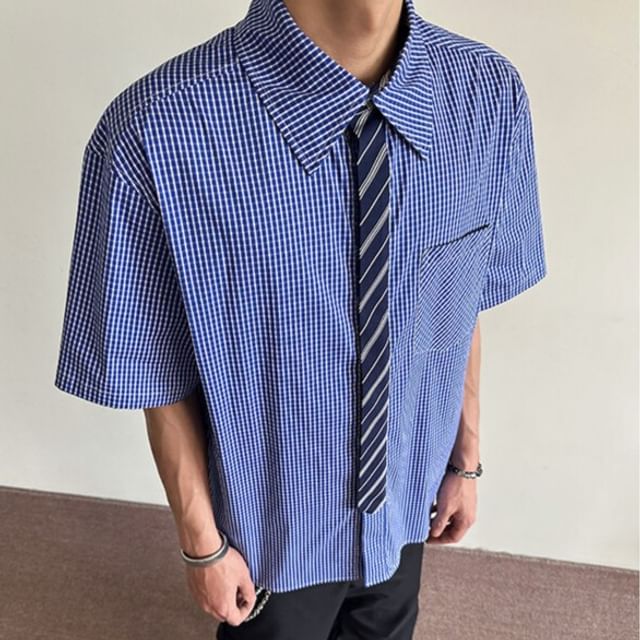 Vernanah-Elbow-Sleeve Plaid Striped Panel Button-Up Shirt