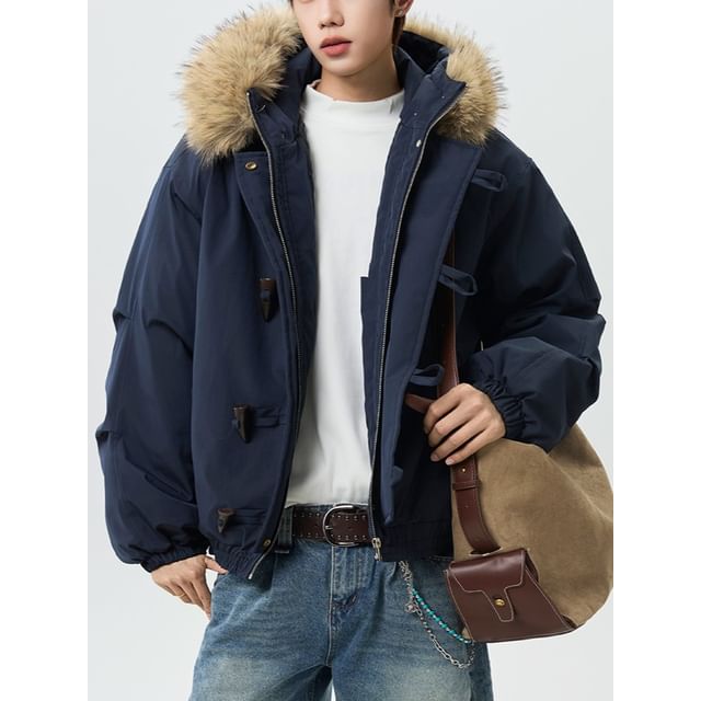 Vernanah-Fluffy Trim Hooded Toggle Zip-Up Parka