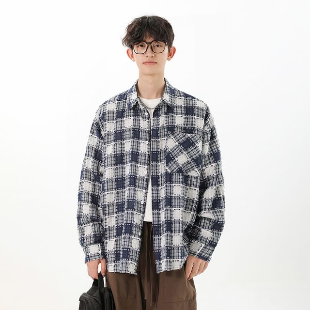Vernanah-Long Sleeve Collared Plaid Shirt