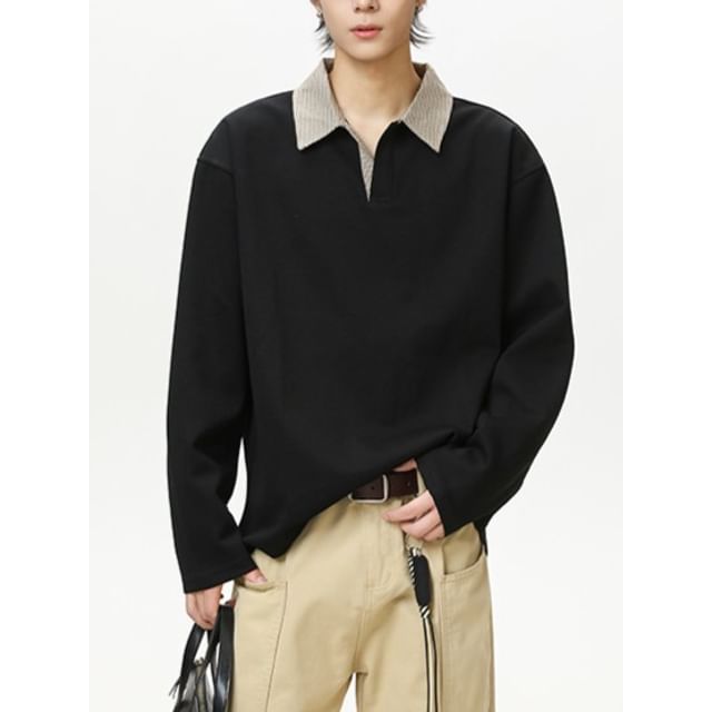 Vernanah-Long Sleeve Houndstooth Collar Open Placket Polo Shirt