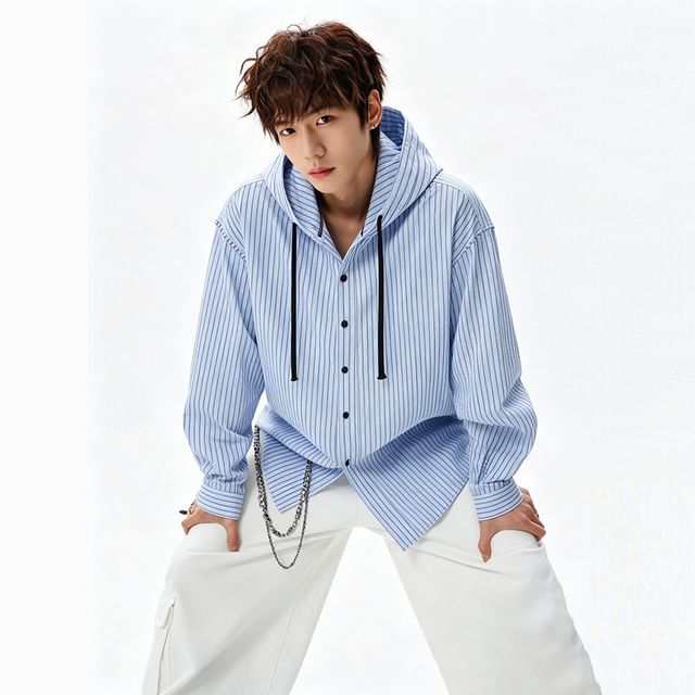 Vernanah-Long Sleeve Striped Hood Button Top