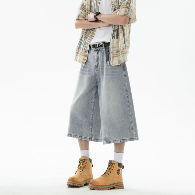 Vernanah-Mid Rise Washed Capri Wide Leg Jeans