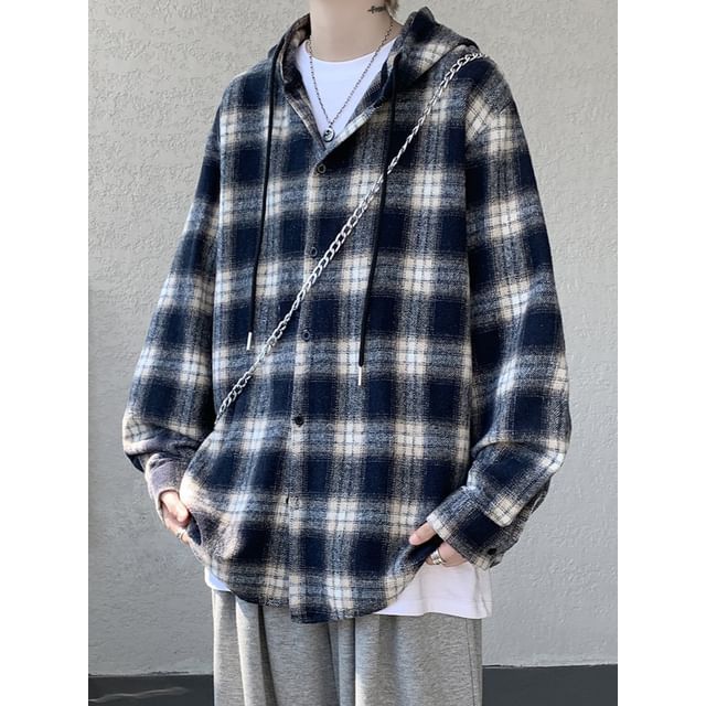 Vernanah-Plaid Hood Button Jacket